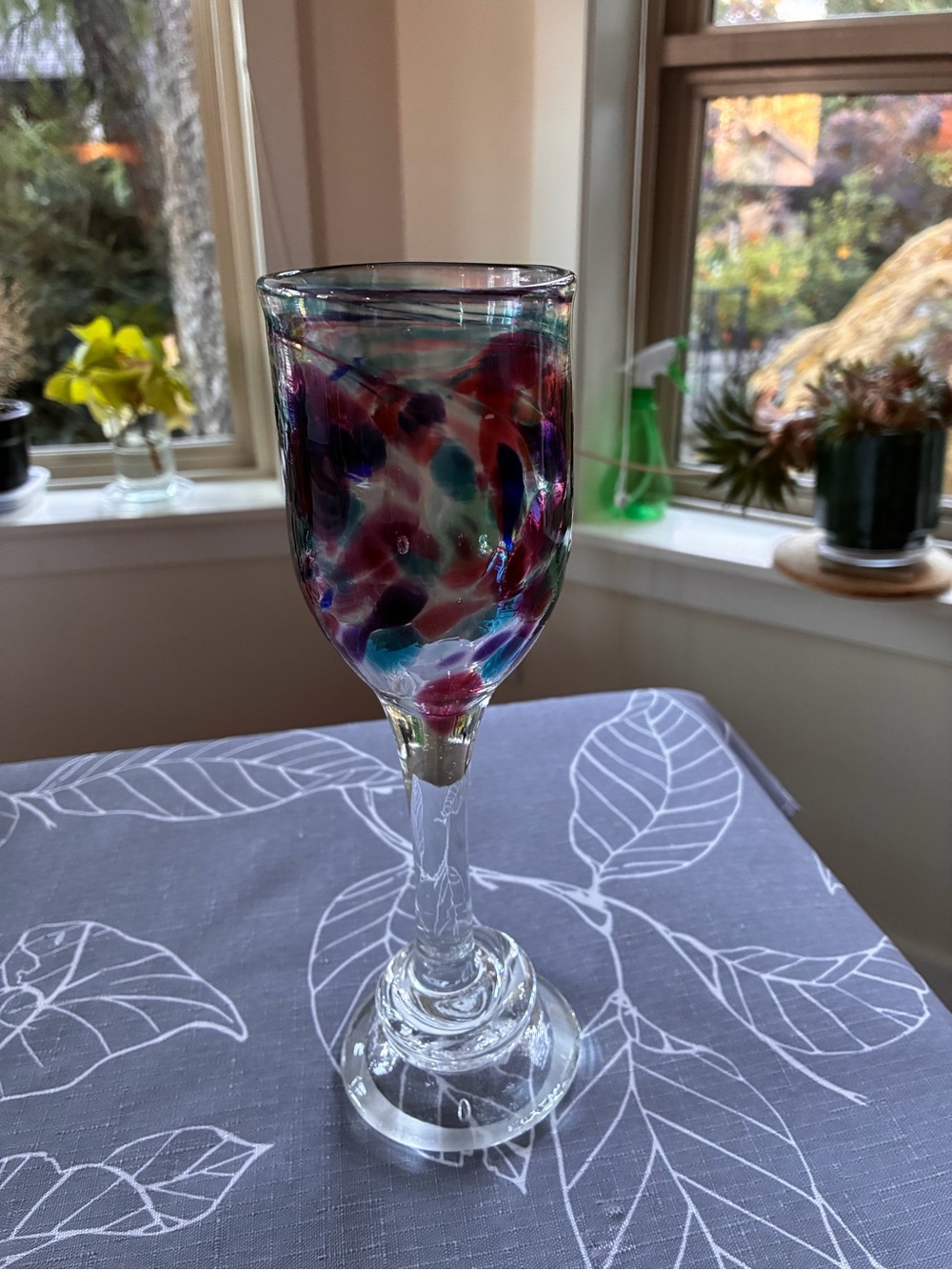 Artisan Hand-Blown Glass Goblet with Purple and Teal Accents
